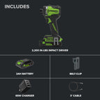 24V PowerAll Pro 2,200 In-Lb Impact Driver, with 2.0 Ah USB-C Battery, 65W USB-C Charger Block, 3' 100W USB-C Cable, Belt Clip