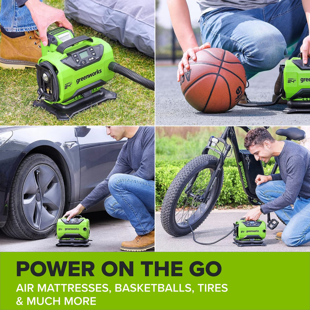 24V PowerAll Dual-Power Inflator/Deflator, with Pinch Valve Adaptor, Sports Ball Needle, Brass Presta Valve Adaptor, and Narrow Pinch Valve Nozzle