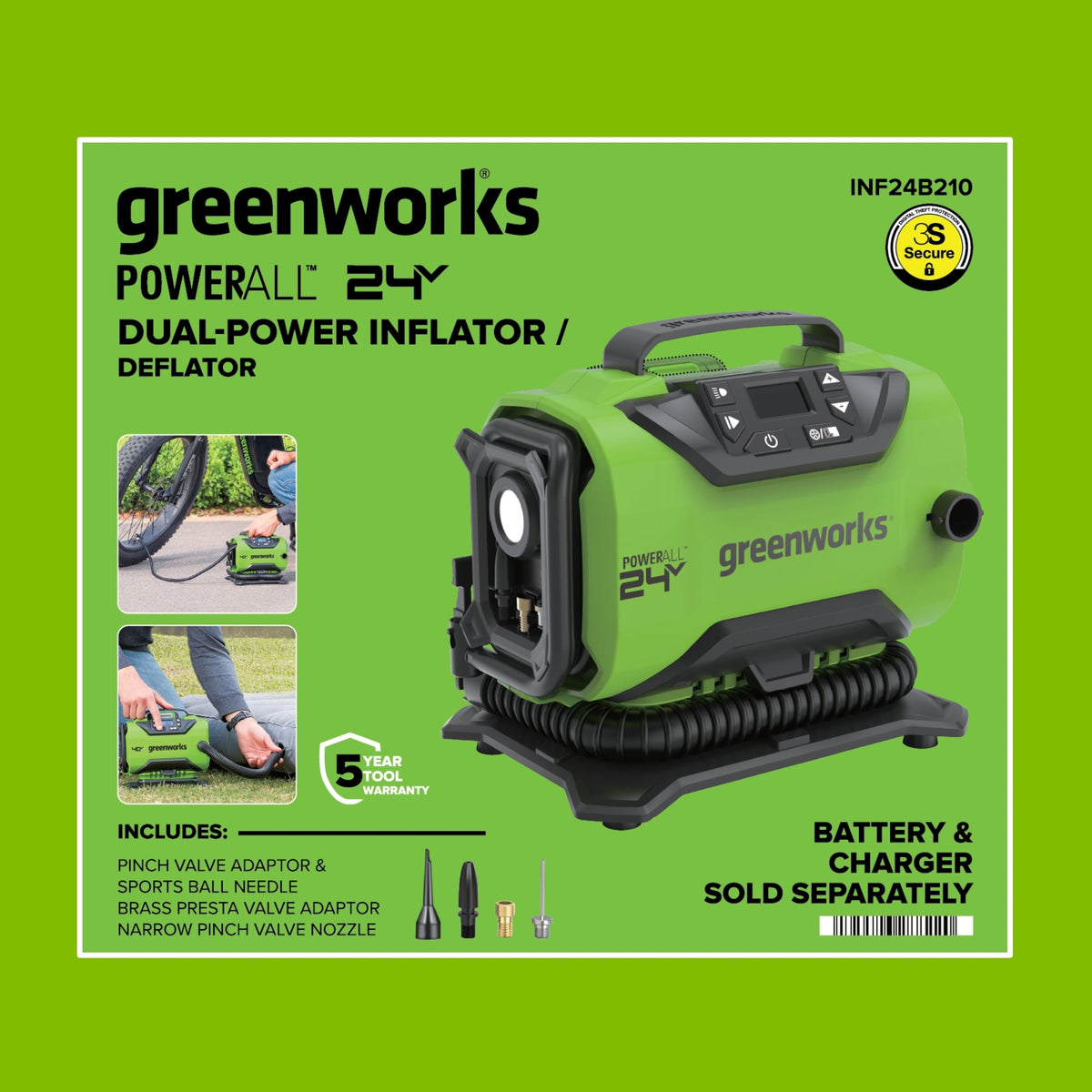 24V PowerAll Dual-Power Inflator/Deflator, with Pinch Valve Adaptor, Sports Ball Needle, Brass Presta Valve Adaptor, and Narrow Pinch Valve Nozzle