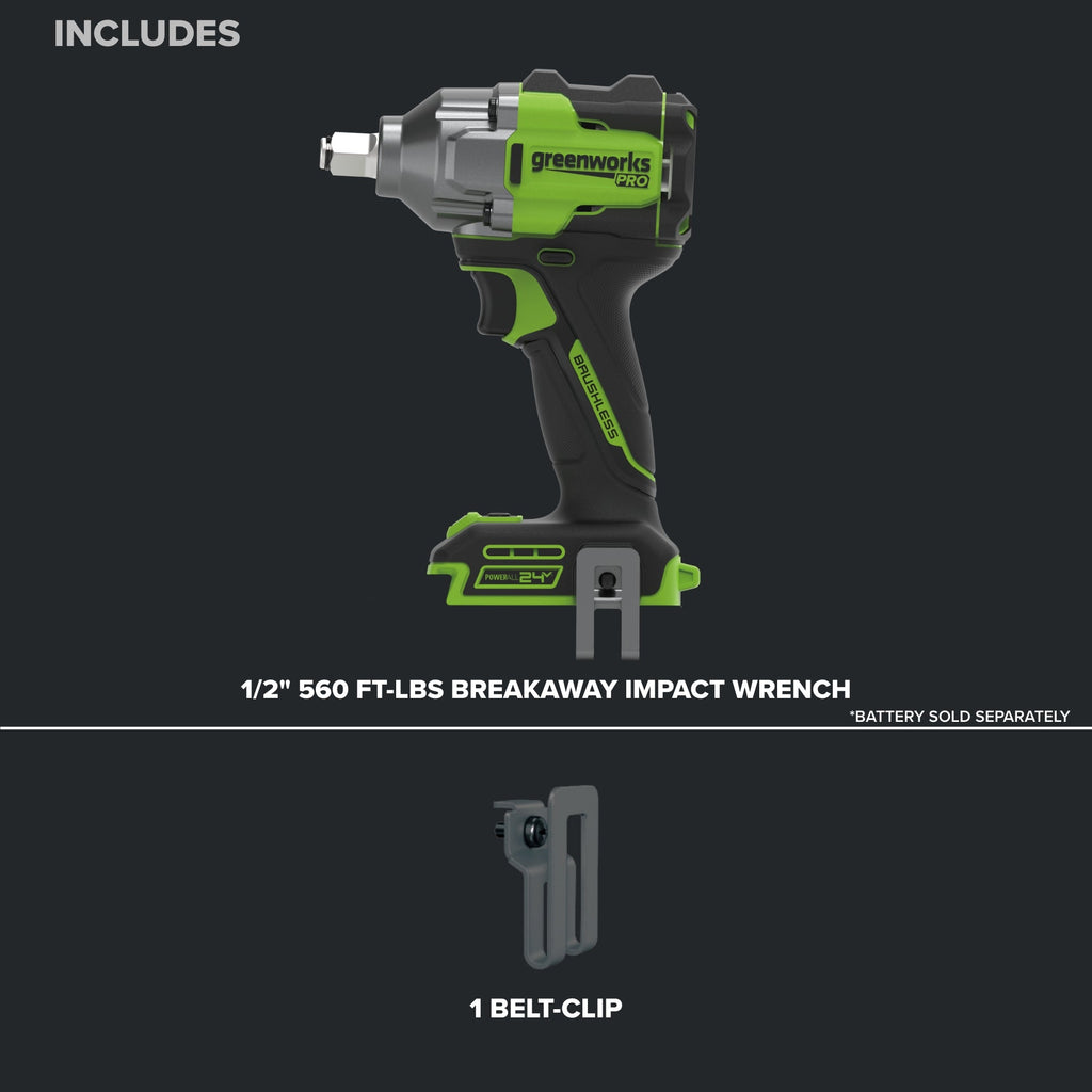24V PowerAll Pro 560 ft-lb Breakaway Torque 1/2" Impact Wrench, Tool Only