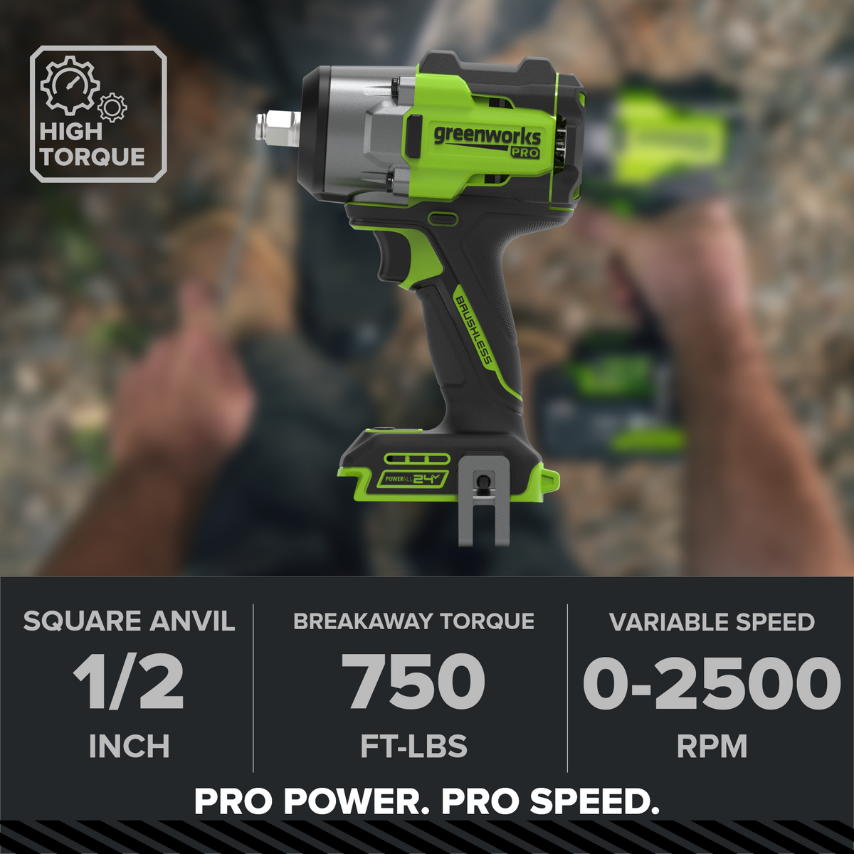 24V PowerAll Pro 750 ft-lb Breakaway Torque 1/2" Impact Wrench, Tool Only