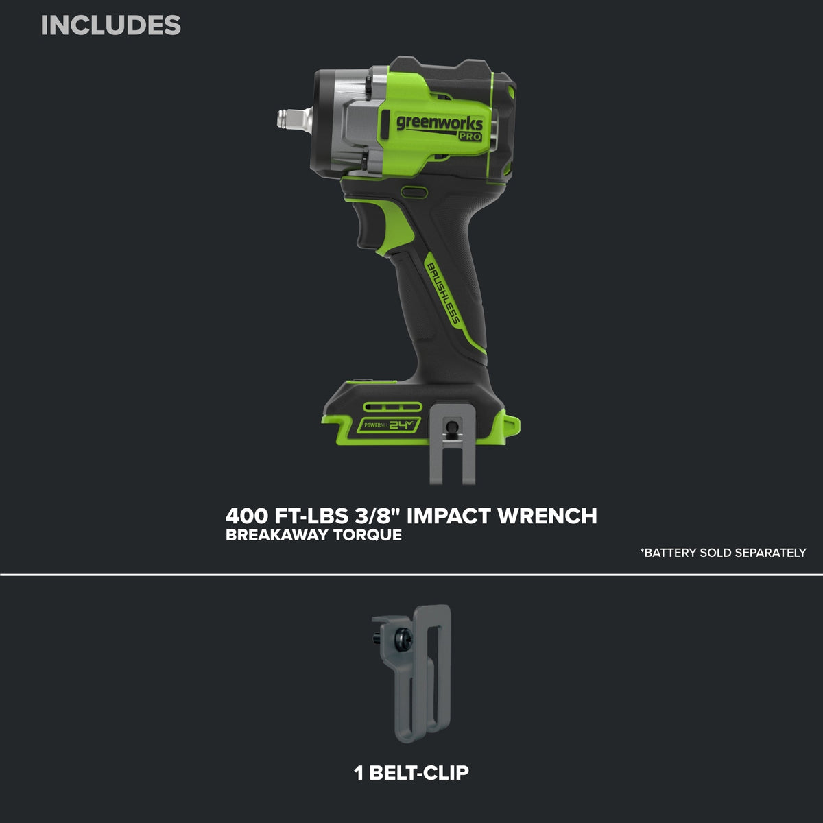 24V PowerAll Pro 400 ft-lb Breakaway Torque 3/8" Impact Wrench, Tool Only