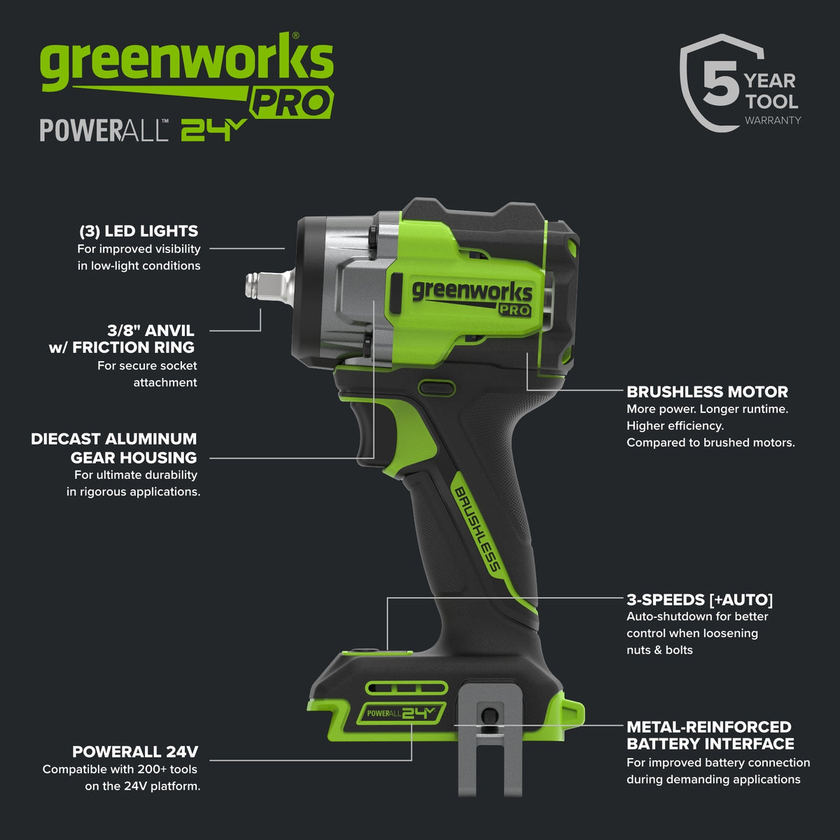 24V PowerAll Pro 400 ft-lb Breakaway Torque 3/8" Impact Wrench, Tool Only