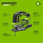 24V PowerAll Jigsaw with Blade, Dust Port Adapter, and Tube Adapter