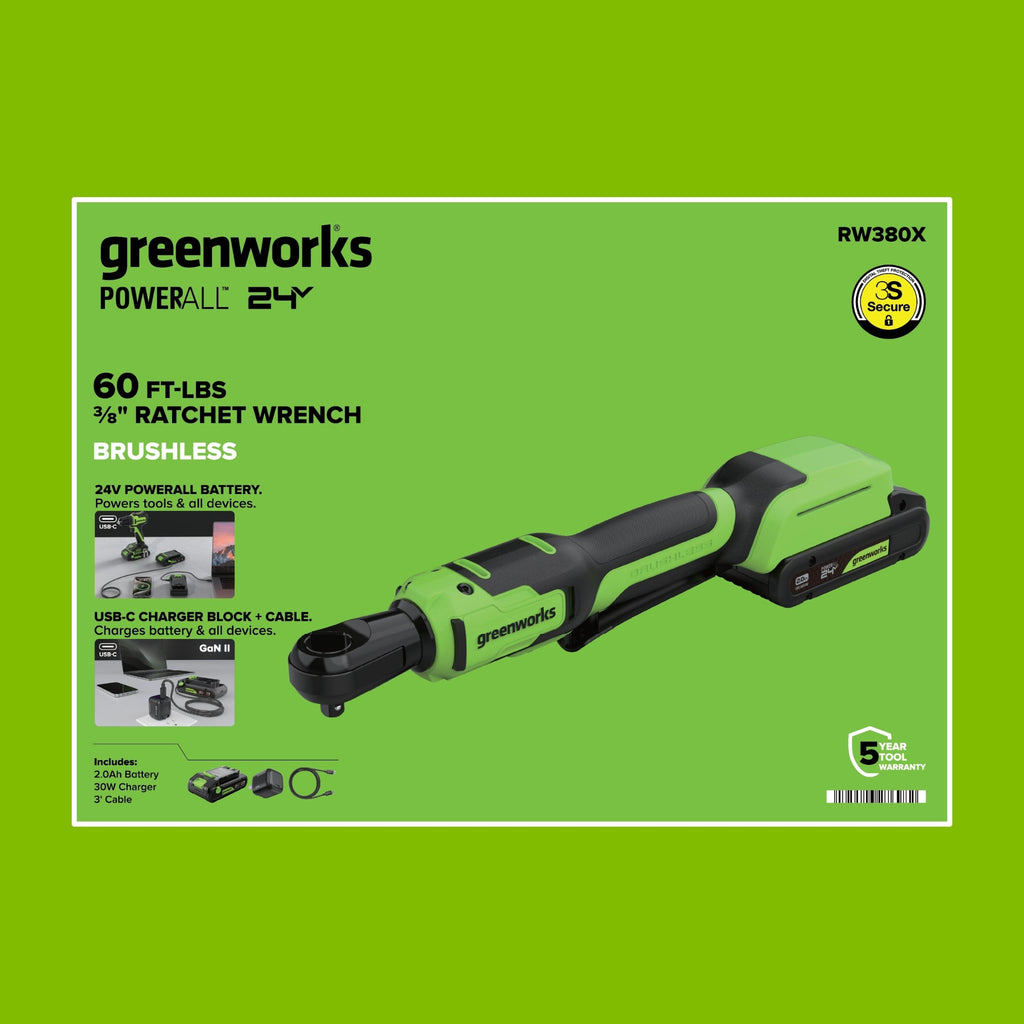 24V PowerAll 60 ft-lb 3/8" Ratchet Wrench, with 2.0 Ah Battery, 30W Charger, and 3' Cable