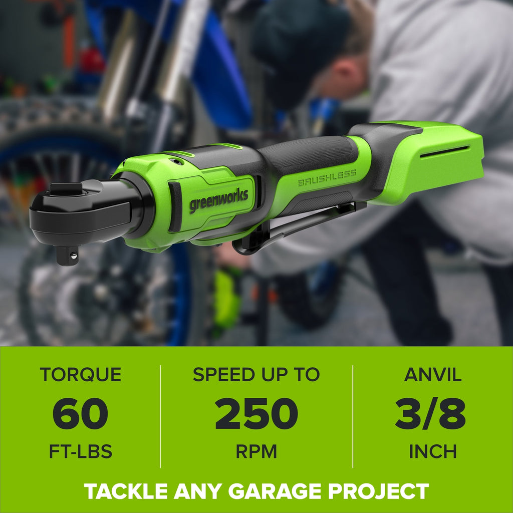 24V PowerAll 60 ft-lb 3/8" Ratchet Wrench, with 2.0 Ah Battery, 30W Charger, and 3' Cable