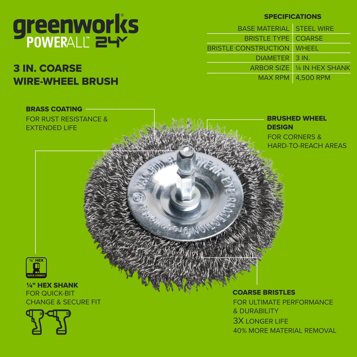 3" Coarse Wire Wheel Brush for Weld Scale, Paint, or Rust Removal and Surface Prep, for Use with Impact and Drill Drivers
