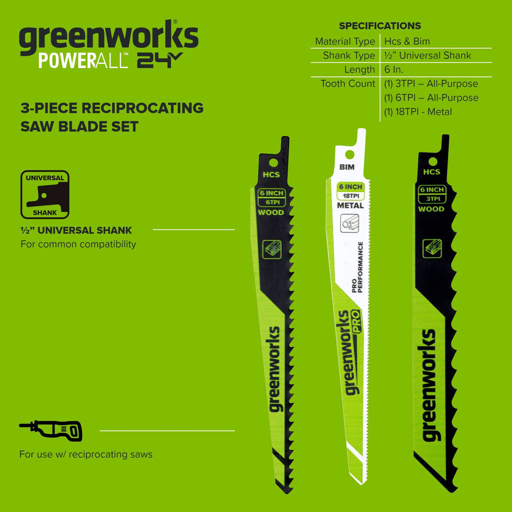 3-Piece 6" Reciprocating Saw Blade Set, with 3 TPI and 6 TPI Wood Blades and 10 TPI Pro-Grade Metal Blade