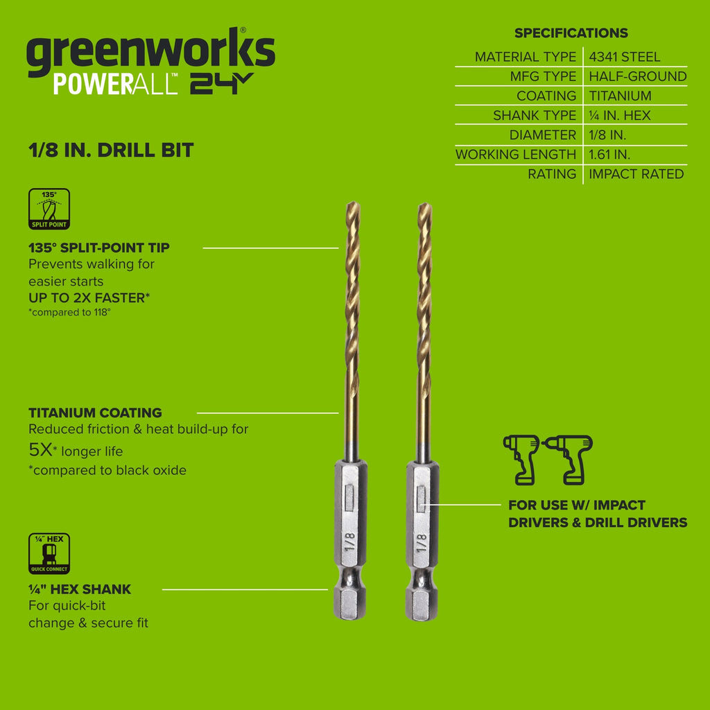 1/8" Drill Bit for Metal, Wood, PVC or more, Impact-Rated, 135˚ Split Point, 1/4" Hex Quick-Connect Base