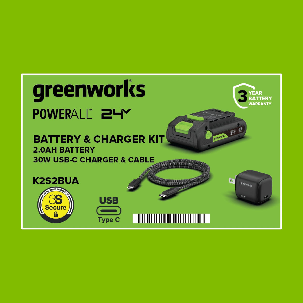 24V PowerAll Battery and Charger Kit, with 2.0 Ah Battery, 30W USB-C Charging Block, and Cable