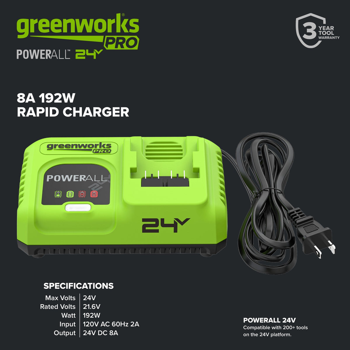 24V PowerAll Pro 200W Ultra Fast Battery Charger with Indicator Lights