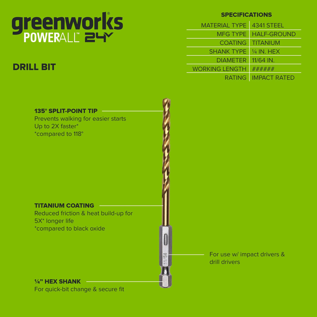 Half Ground 11/64-inch Hex Shank Titanium Drill Bit Set