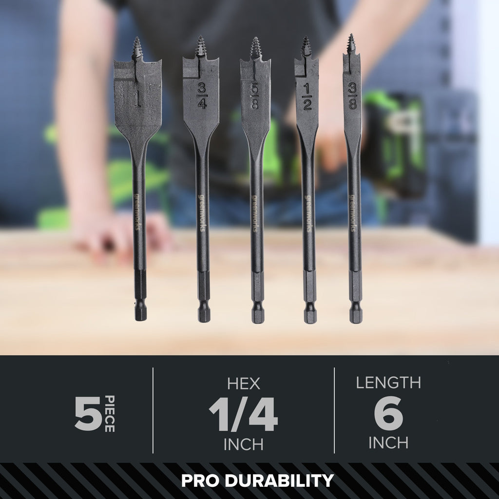 Pro 5-PC Spade Drill Bit Set w/ Full Threaded Pilot Point