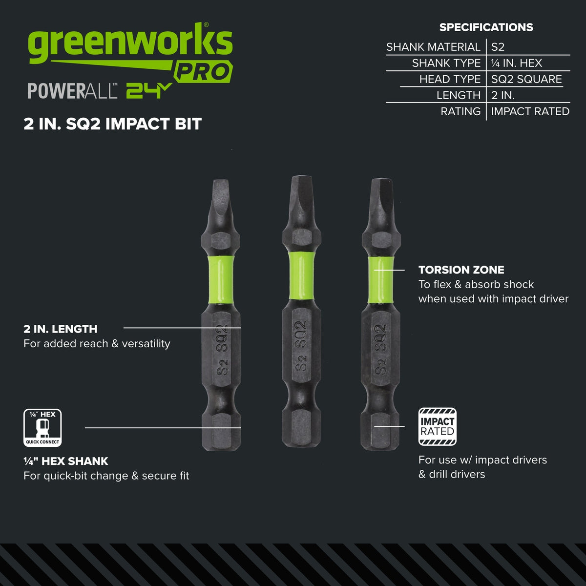 Pro 3-PC  S2 2” Impact Rated Bits - Square (#2)