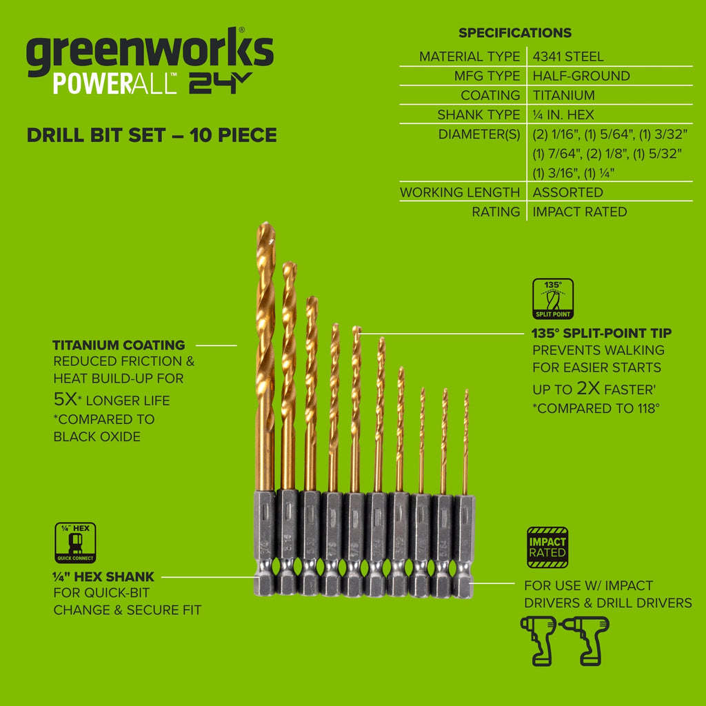 Half Ground 10-PC Hex Shank Titanium Drill Bit Set