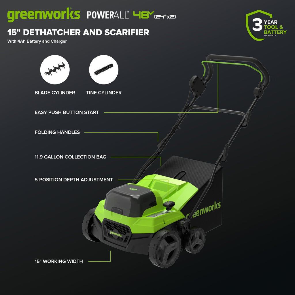 48V (24V x 2) 15" Cordless Battery Dethatcher/Scarifier: (2) 4.0Ah Batteries, (1) 65W Charger, (2) 100W Cables