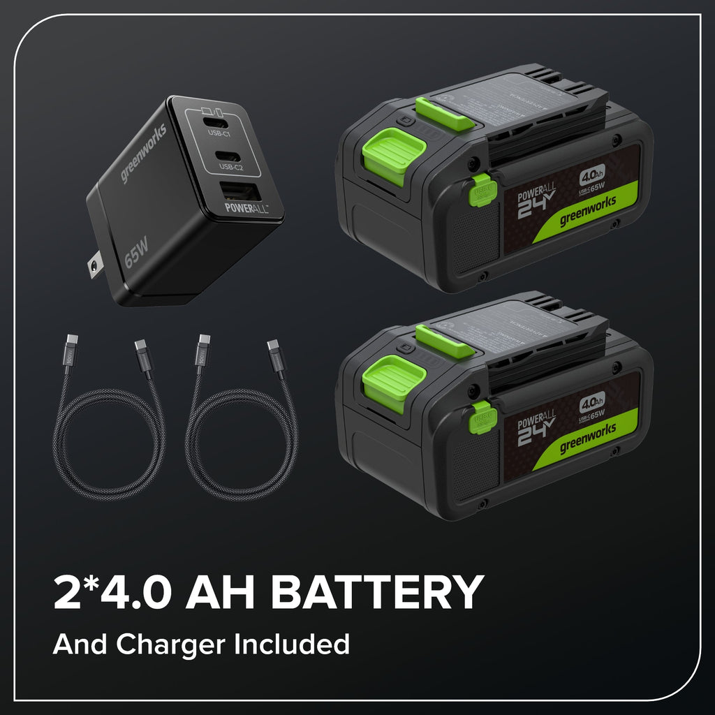 48V (24V x 2) 15" Cordless Battery Dethatcher/Scarifier: (2) 4.0Ah Batteries, (1) 65W Charger, (2) 100W Cables