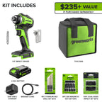 24V 1/4" 1950 in/lbs Brushless Impact Driver Premium Kit: (1) 2.0 Ah Battery, (1) 30W Charger & Cable and 23-piece Accessory Sets