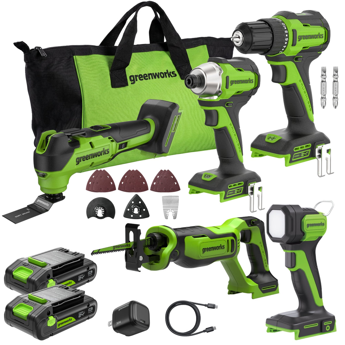 24V Cordless 280 in-lbs Drill/Driver Power Tool 5PC Combo Kit: (2) 2.0 Ah USB-C Batteries, 30W USB-C Charger Block, and 3' 100W USB-C Cable
