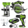 24V Cordless 280 in-lbs Drill/Driver Power Tool 3PC Combo Kit w/ 6-1/2" Circular Saw & Compact Router: (1) 2.0Ah USB-C Battery, (1) 30W USB-C Charger, (1) 3' 100W USB-C Cable