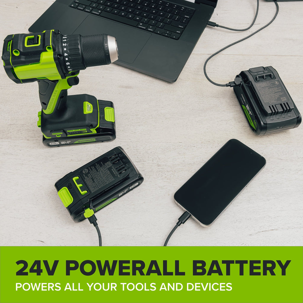 24V PowerAll 3/8" Drill Driver (280 in-lbs) & 1" Reciprocating Saw Combo Kit:  (2) 2.0Ah USB-C Batteries, (2) 30W USB-C Chargers, (2) 3' 100W USB-C Cables