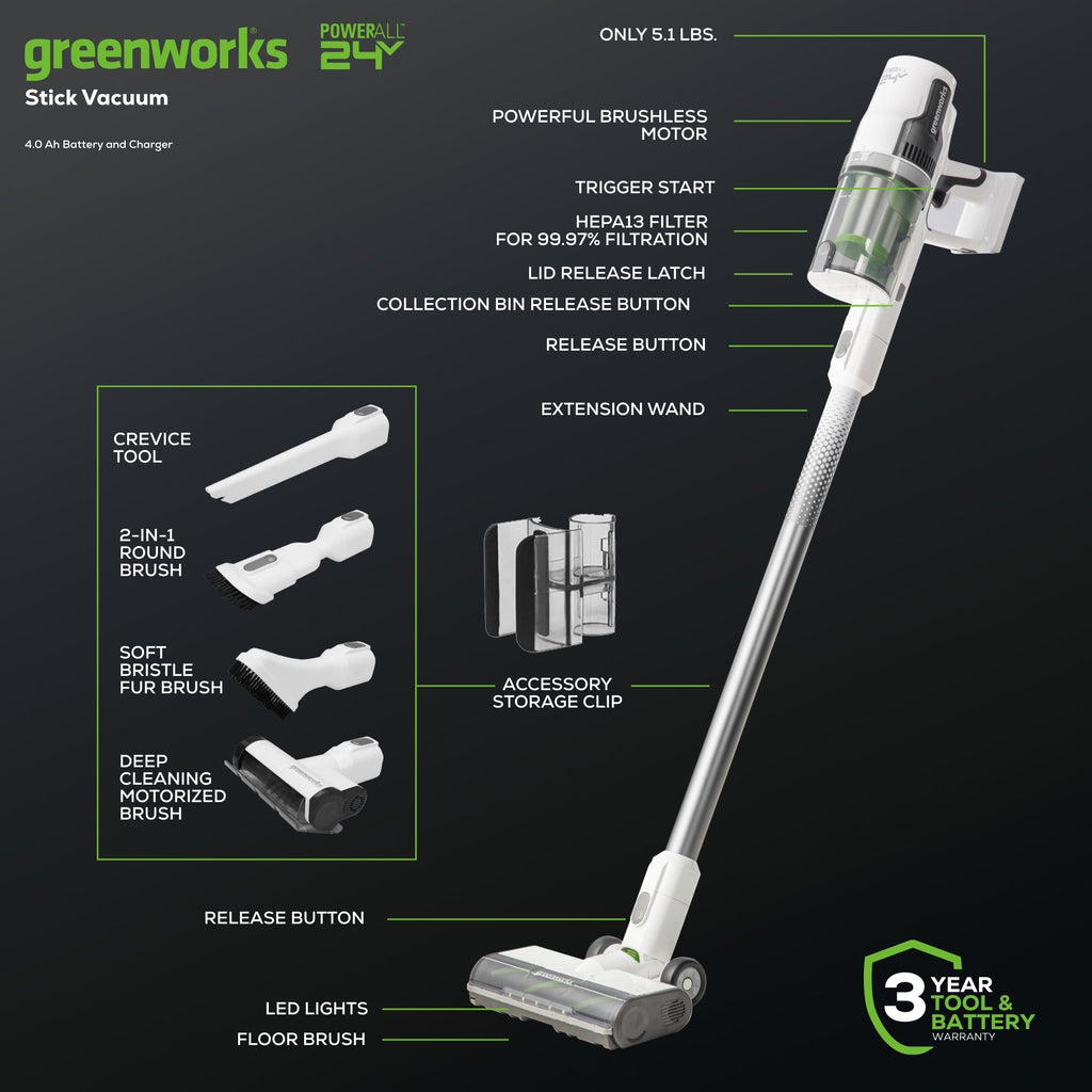 24V Cordless Battery Stick Vacuum & Stand : 4.0 Ah USB-C Battery and Charger