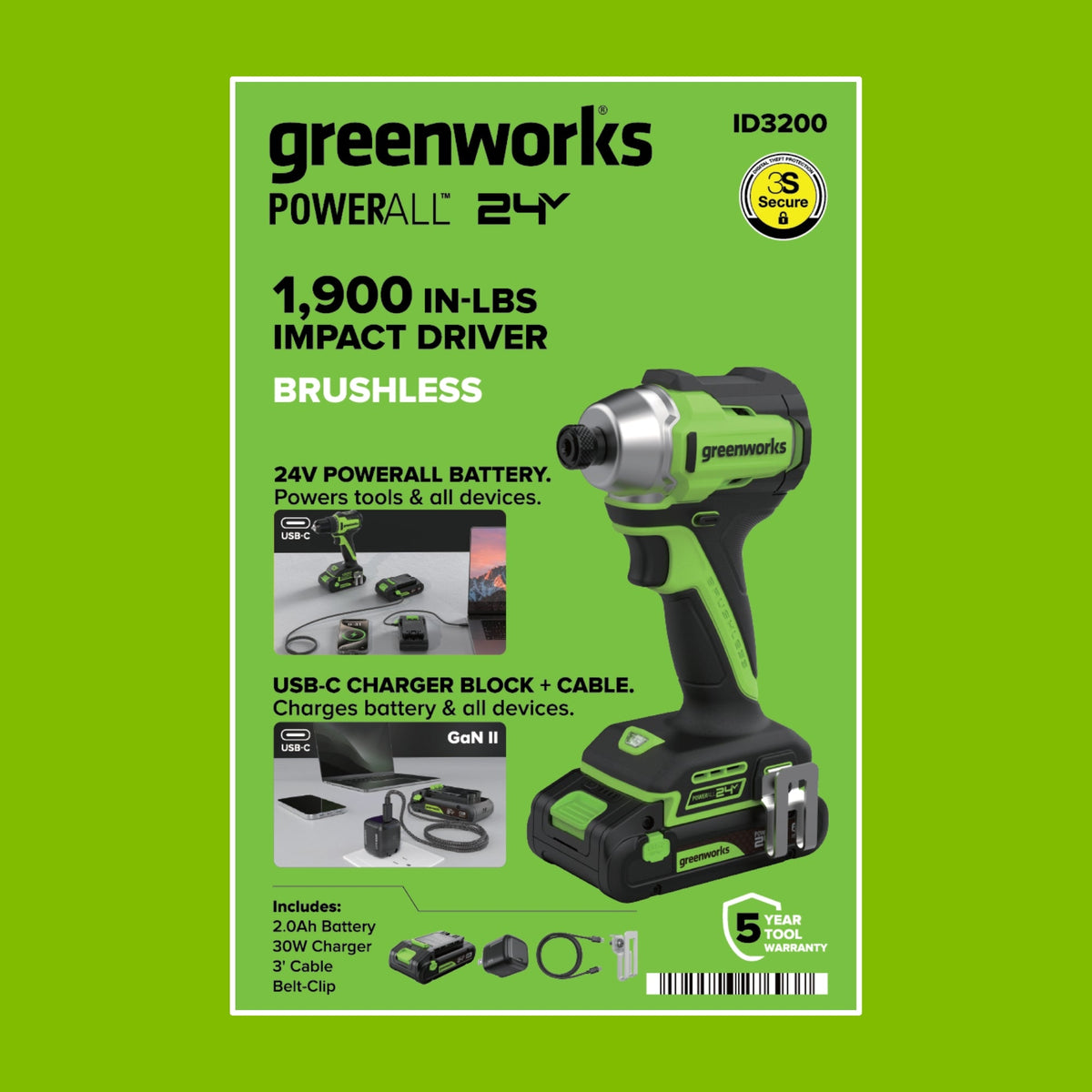 24V PowerAll 1/4" 1900 in-lbs Brushless Impact Driver Kit: (1) 2.0 Ah USB-C Battery, (1) 30W USB-C Charger Block, (1) 3' 100W USB-C Cable, (1) Belt Clip, (1) Pro 10PC Dual Sided Impact Bit Sets