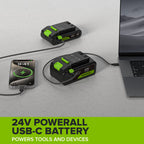 24V PowerAll 1/4" 1900 in-lbs Brushless Impact Driver Kit: (1) 2.0 Ah USB-C Battery, (1) 30W USB-C Charger Block, (1) 3' 100W USB-C Cable, (1) Belt Clip, (1) Pro 10PC Dual Sided Impact Bit Sets