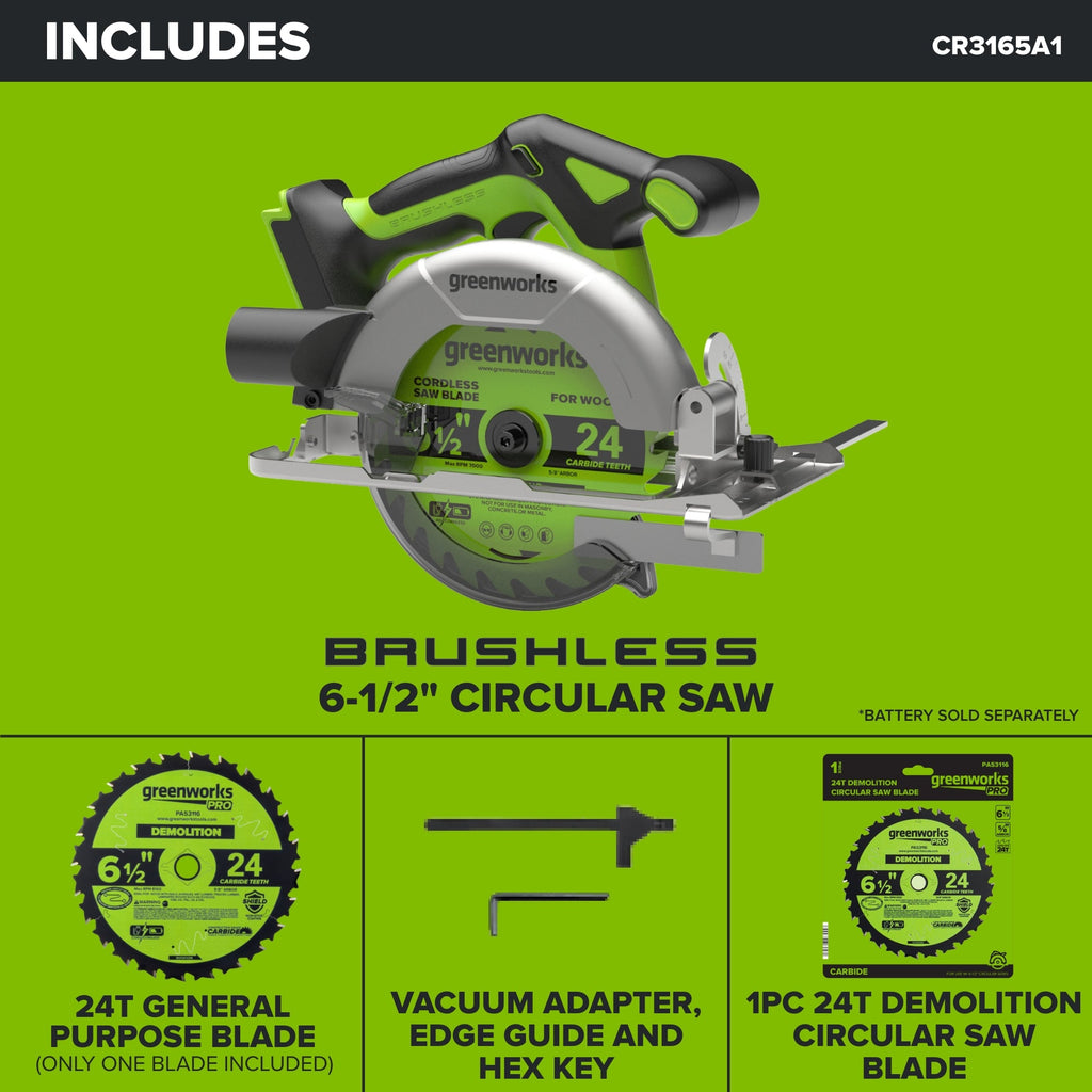 24V PowerAll 6-1/2" 5000RPM Circular Saw w/ 2PC Blades,Tool Only