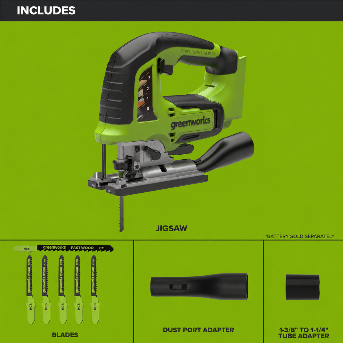 24V PowerAll Jigsaw w/ 6PC Blades, Dust Port Adapter, and Tube Adapter (Tool Only)