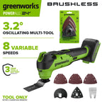 24V PowerAll Brushless 3.2° Oscillating Multi-Tool with 3 Blades & 30-Piece Sanding Set (Tool Only)