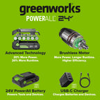 24V PowerAll 3/8" 280 in-lb Drill, with 2.0 Ah USB-C Battery, 30W USB-C Charger Block, 3' 100W USB-C Cable, 10-PC Drill Bit Set