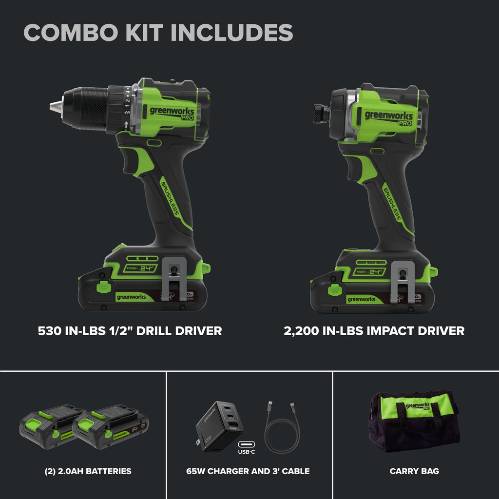 24V PowerAll Pro 530 in-lb Drill Driver and 2,200 in-lb Impact Driver Combo Kit, with (2) 2.0Ah Batteries, 65W Charger, 3' Cable, Belt Clips, Carrying Bag and 10-PCS Bit Set