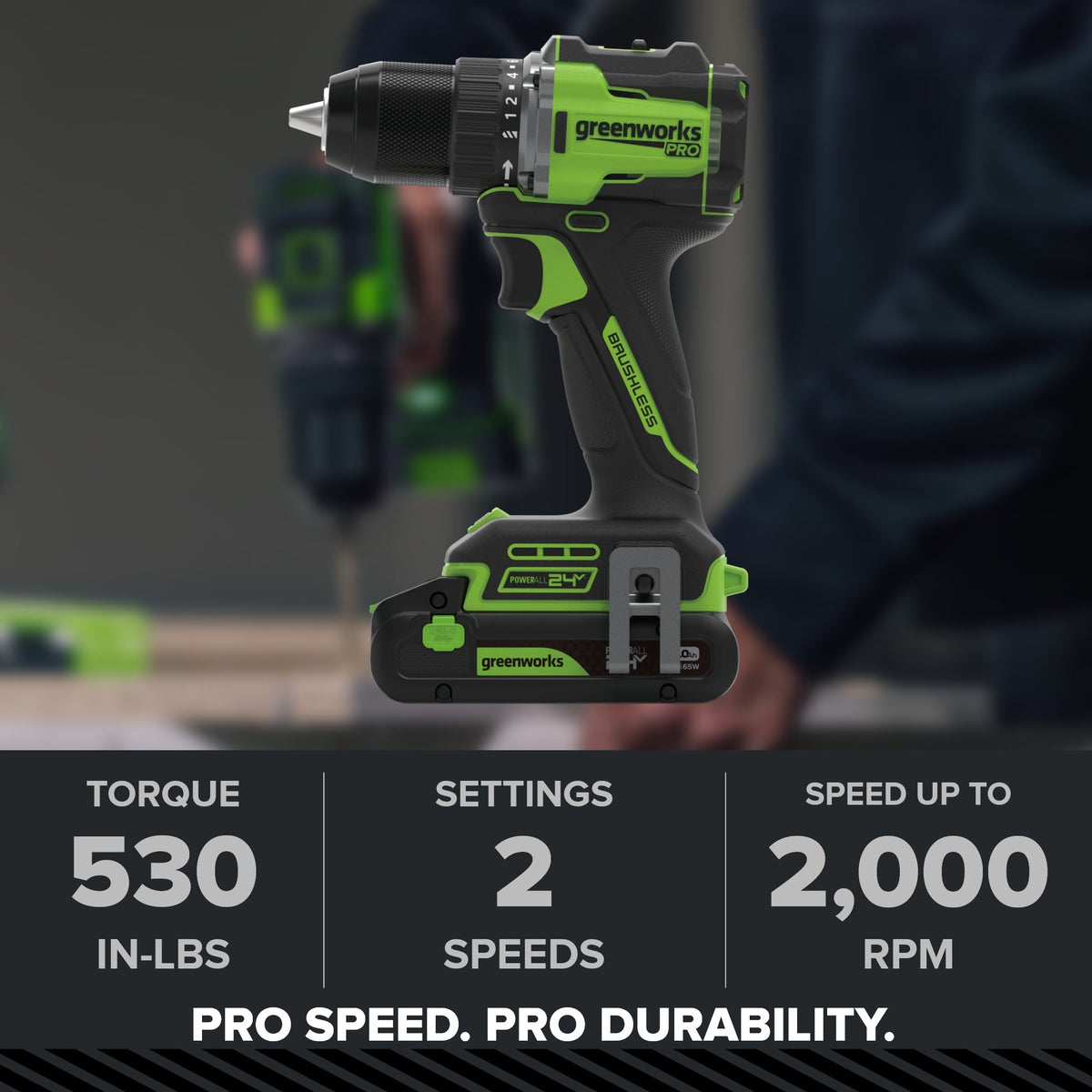 24V PowerAll Pro 1/2" 530 in-lb Drill Driver, with 2.0Ah USB-C Battery, 30W Charger Block, 3' 100W Cable and 10-PCS Drill Bit Set