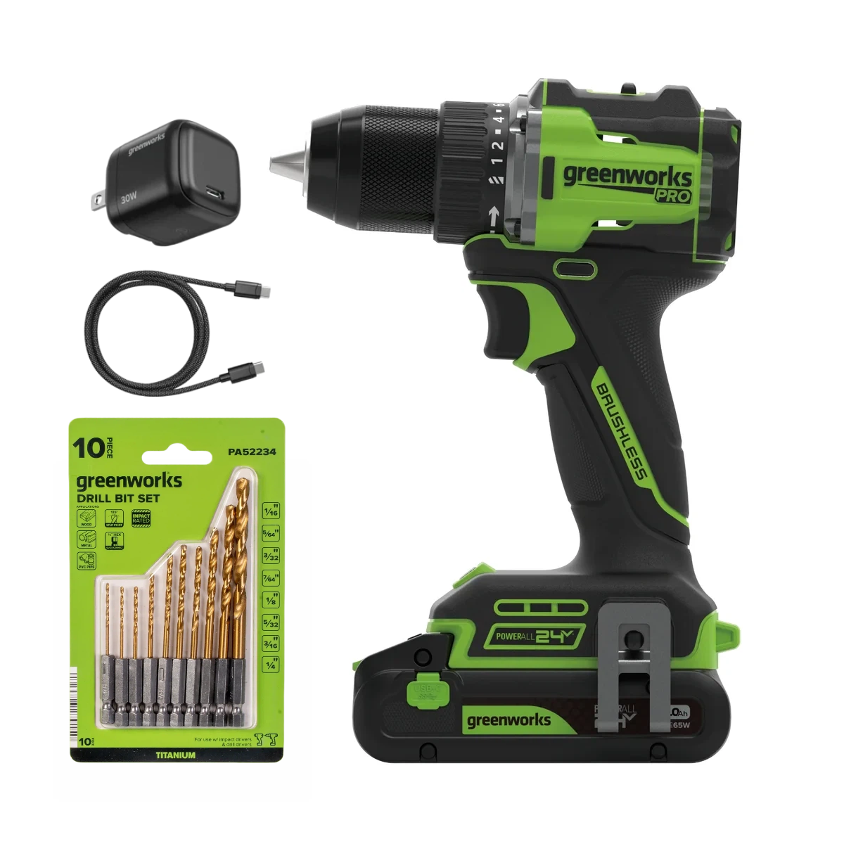24V PowerAll Pro 1/2" 530 in-lb Drill Driver, with 2.0Ah USB-C Battery, 30W Charger Block, 3' 100W Cable and 10-PCS Drill Bit Set