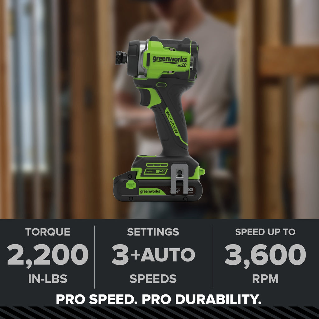 24V PowerAll Pro 2,200 In-Lb Impact Driver, with 2.0 Ah USB-C Battery, 65W USB-C Charger Block, 3' 100W USB-C Cable, Belt Clip and 10-PCS Bit Set