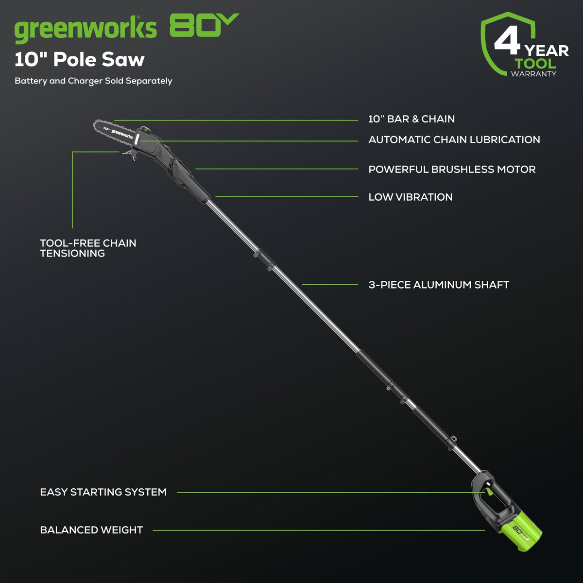 80V 10" Cordless Battery Pole Saw (Tool Only)