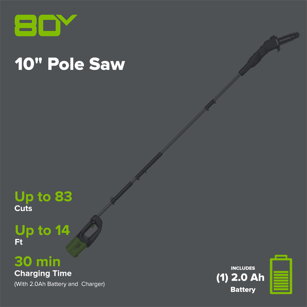 80V Cordless 10" Brushless Pole Saw: 2.0 Ah Battery and Rapid Charger