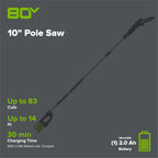 80V Cordless 10" Brushless Pole Saw: 2.0 Ah Battery and Rapid Charger