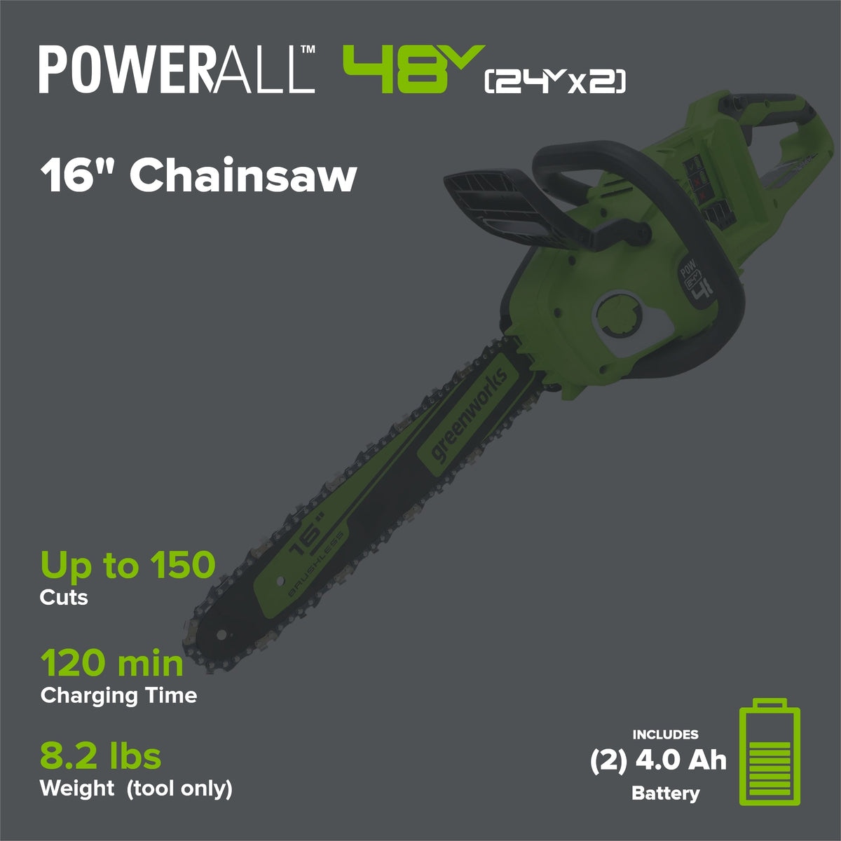 48V (24V x 2) 16" Cordless Battery Chainsaw: (2) 4.0 Ah USB Batteries and Dual-Port Charger