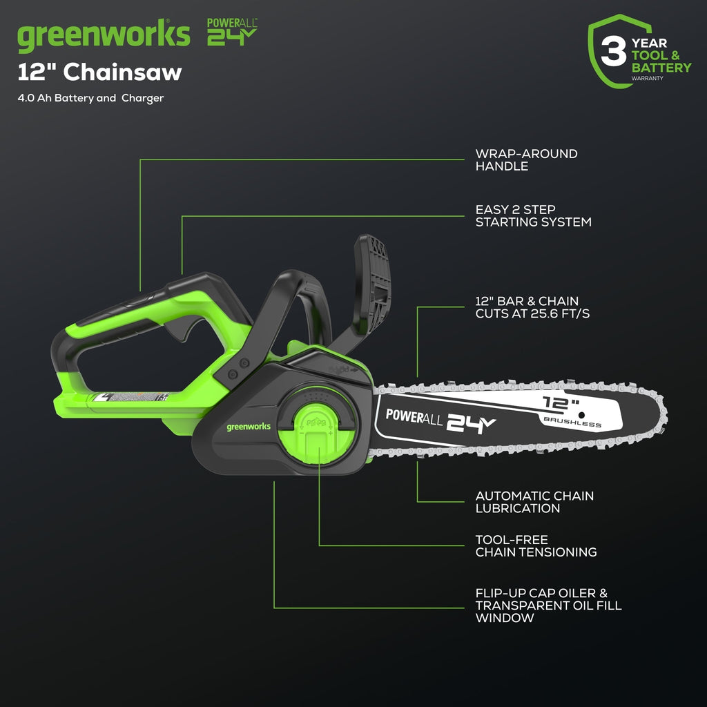 24V 12" Cordless Battery Chainsaw: 4.0 Ah USB Battery and Charger