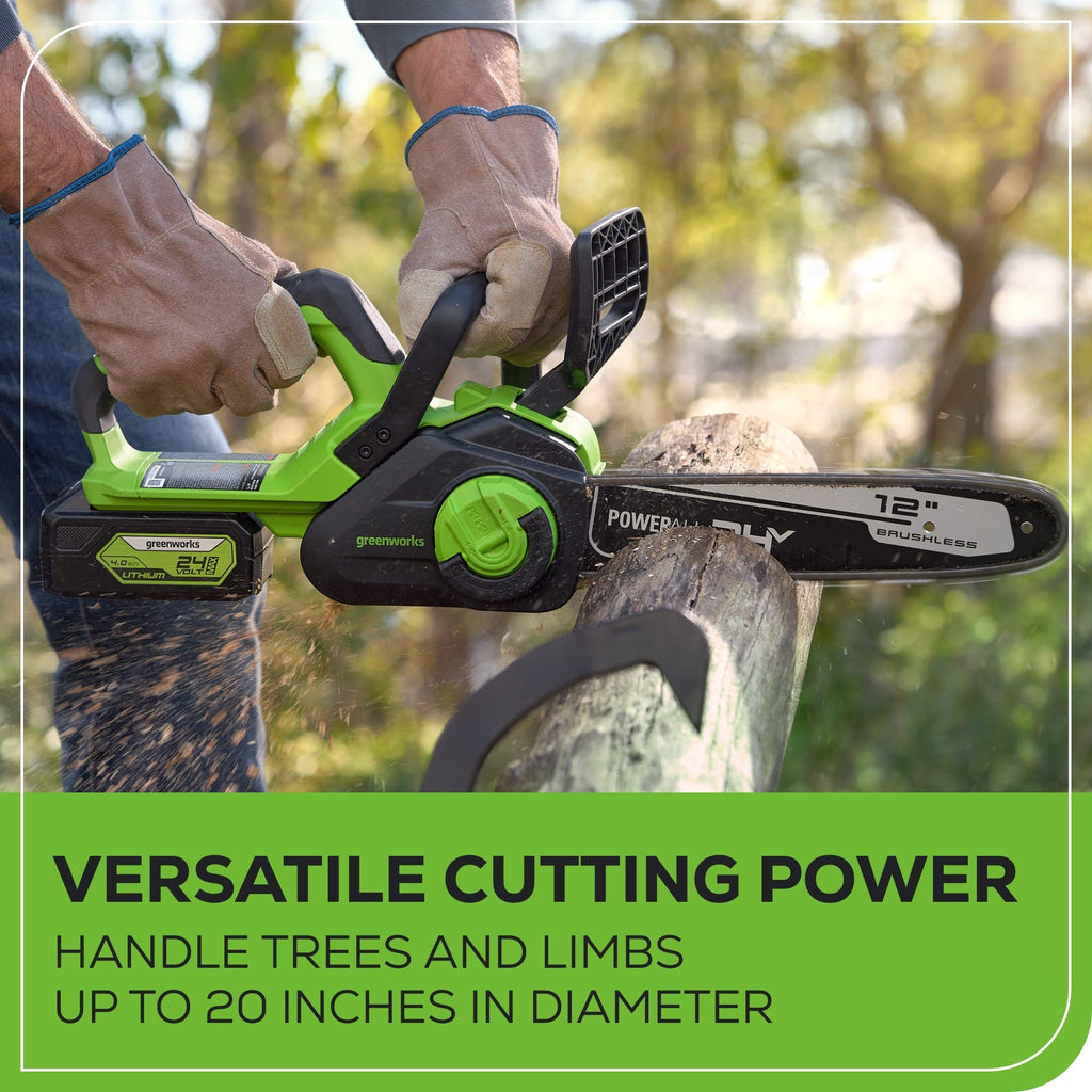 24V 12" Cordless Battery Chainsaw: 4.0 Ah USB Battery and Charger