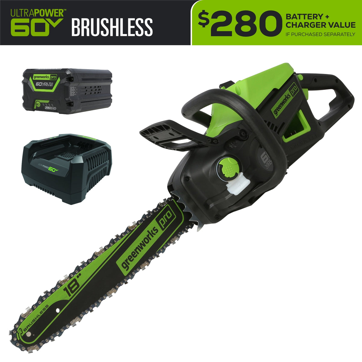 60V 18" Cordless Battery 2.0kW Chainsaw w/ 4.0 Ah Battery & Charger