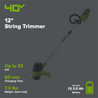 40V 12" Cordless Battery String Trimmer w/ 2.0 Ah Battery & Charger