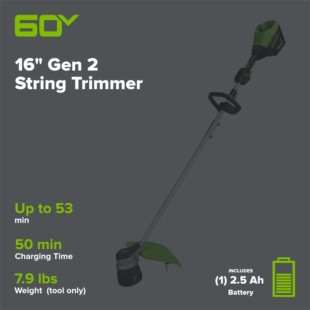 60V 16" Gen 2 Brushless Cordless Battery String Trimmer: (1) 2.5 Ah Battery, (1) 3A Charger