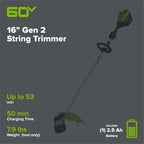 60V 16" Gen 2 Brushless Cordless Battery String Trimmer: (1) 2.5 Ah Battery, (1) 3A Charger