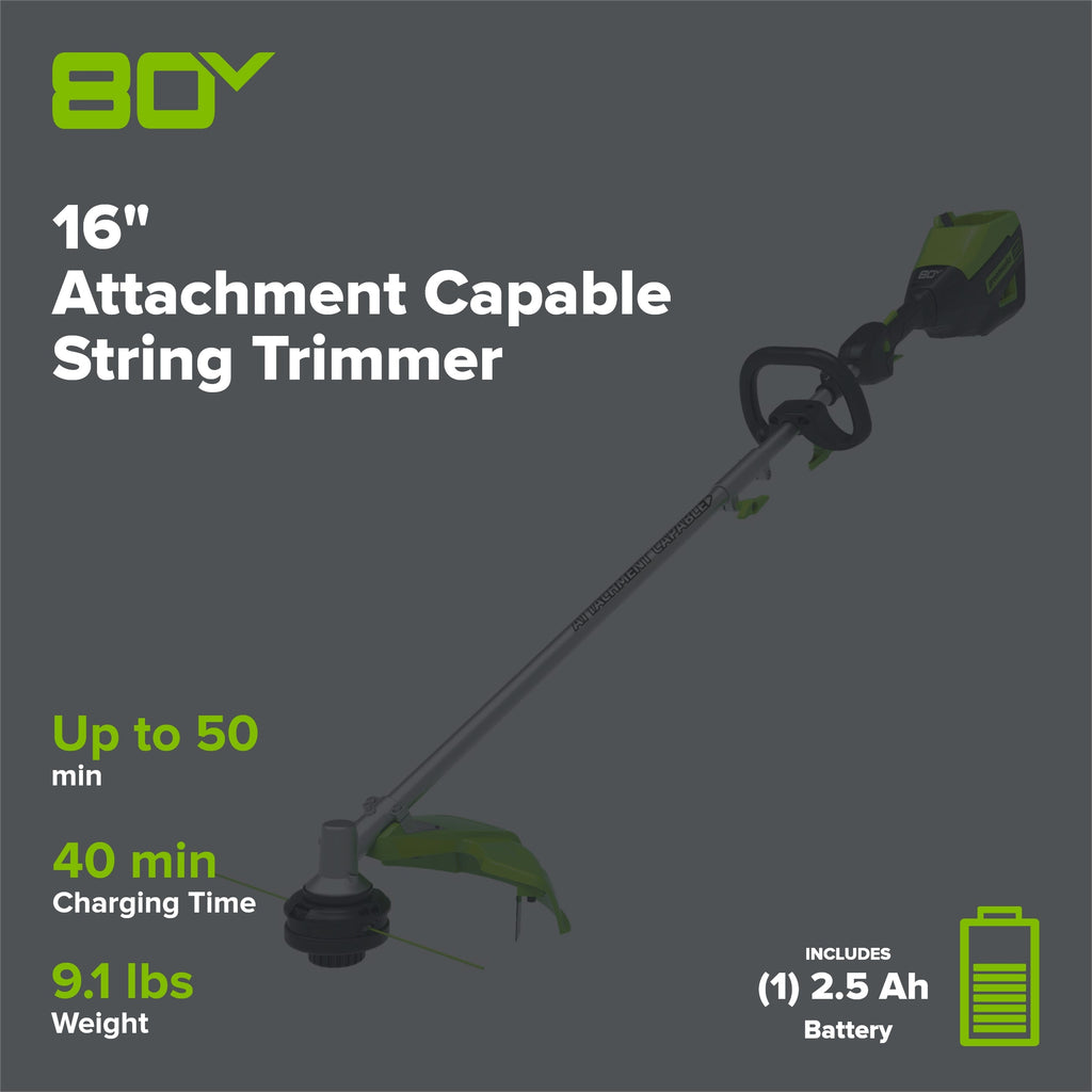 80V 16" Gen 2 Brushless Cordless String Trimmer (Attachment Capable): (1) 2.5 Ah Battery, (1) 4A Rapid Charger