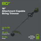 80V 16" Gen 2 Brushless Cordless String Trimmer (Attachment Capable): (1) 2.5 Ah Battery, (1) 4A Rapid Charger