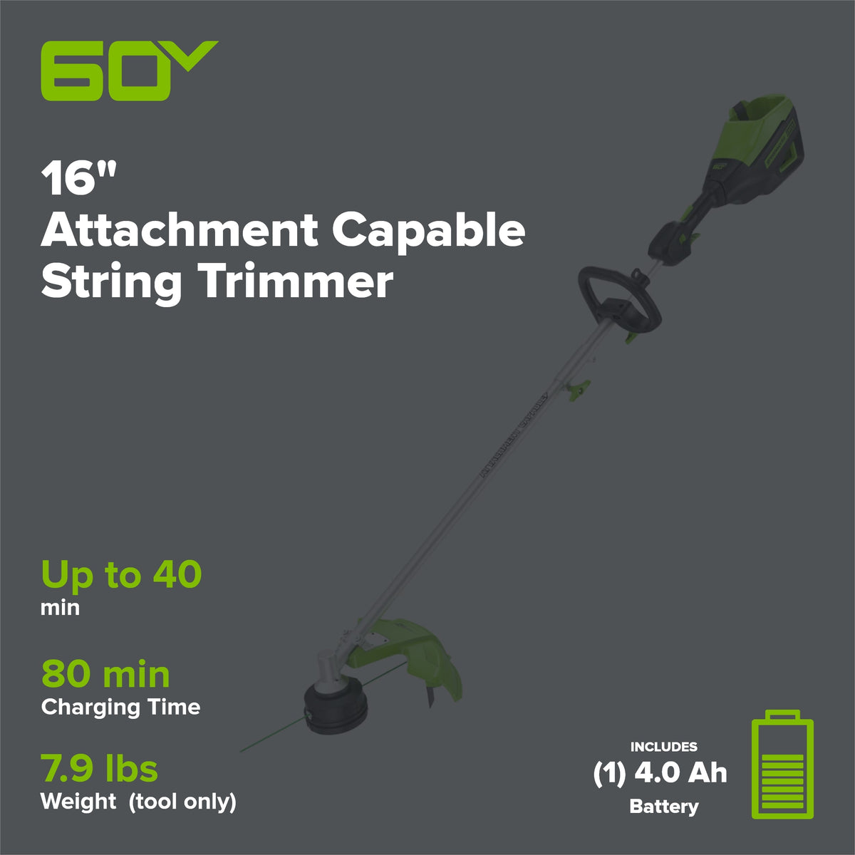 60V 16" Brushless Cordless Battery String Trimmer (Attachment Capable): (1) 4.0 Ah Battery, (1) 3A Charger, (1) Shoulder Strap