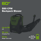 60V 550 CFM Cordless Battery Backpack Blower w/ 5.0Ah Battery & Charger
